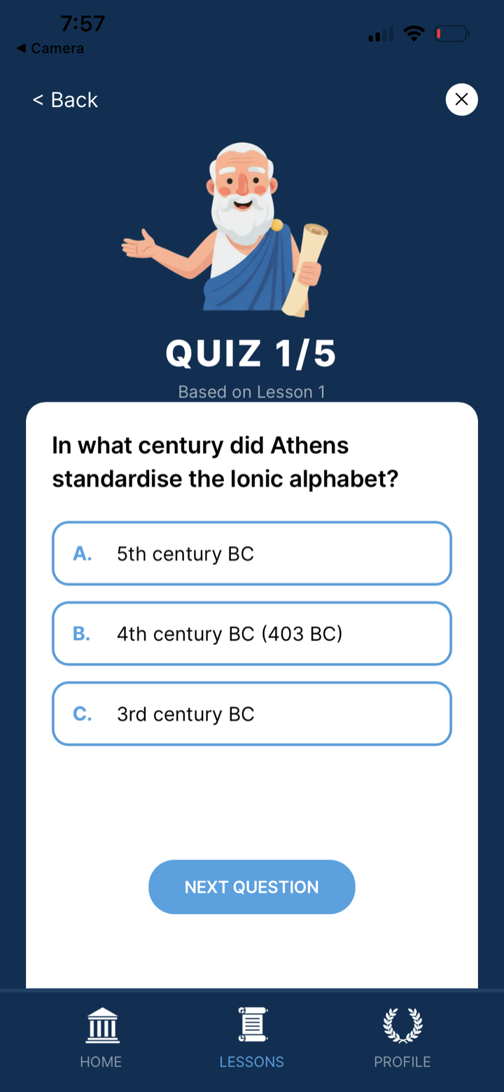 Quiz screen — a multiple-choice question on the Greek alphabet
